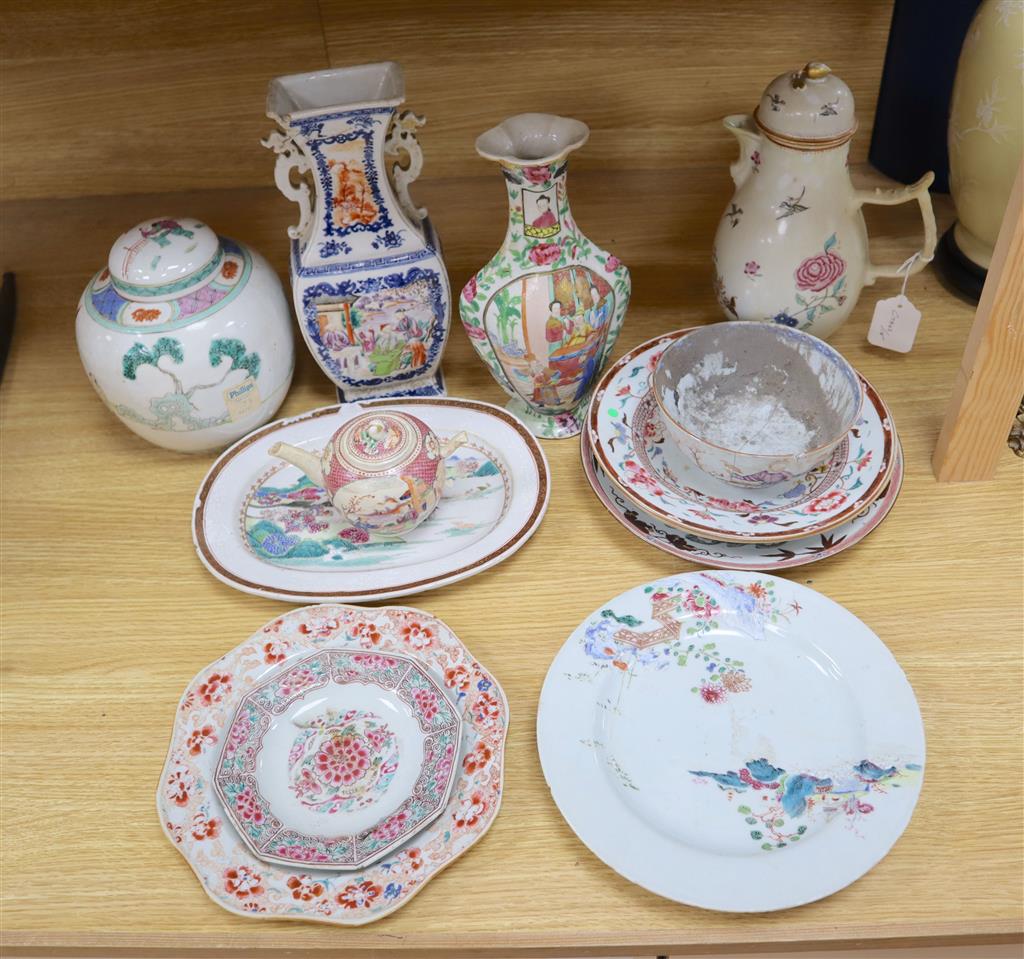 A group of mixed 18th and 19th century Chinese famille rose ceramics, some damage throughout